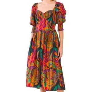 NWT House of Harlow 1960 Bohemian Tropical Print Puff Sleeves Maxi Dress